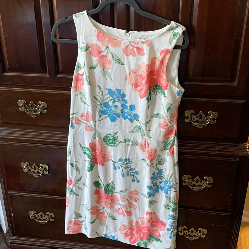 Amanda Lane White Mini Dress with Coral & Blue Floral Print
